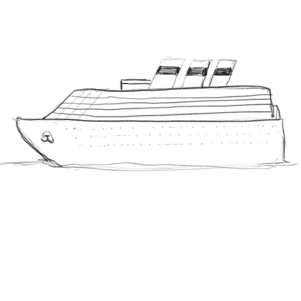 A simple black-and-white sketch of a large cruise ship with multiple decks, portholes, and a bow, floating on water. The…
