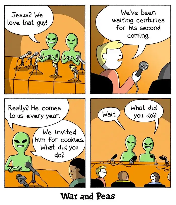 A four-panel comic strip shows green aliens at a press conference. In the first panel, two aliens say 'Jesus? We love that…
