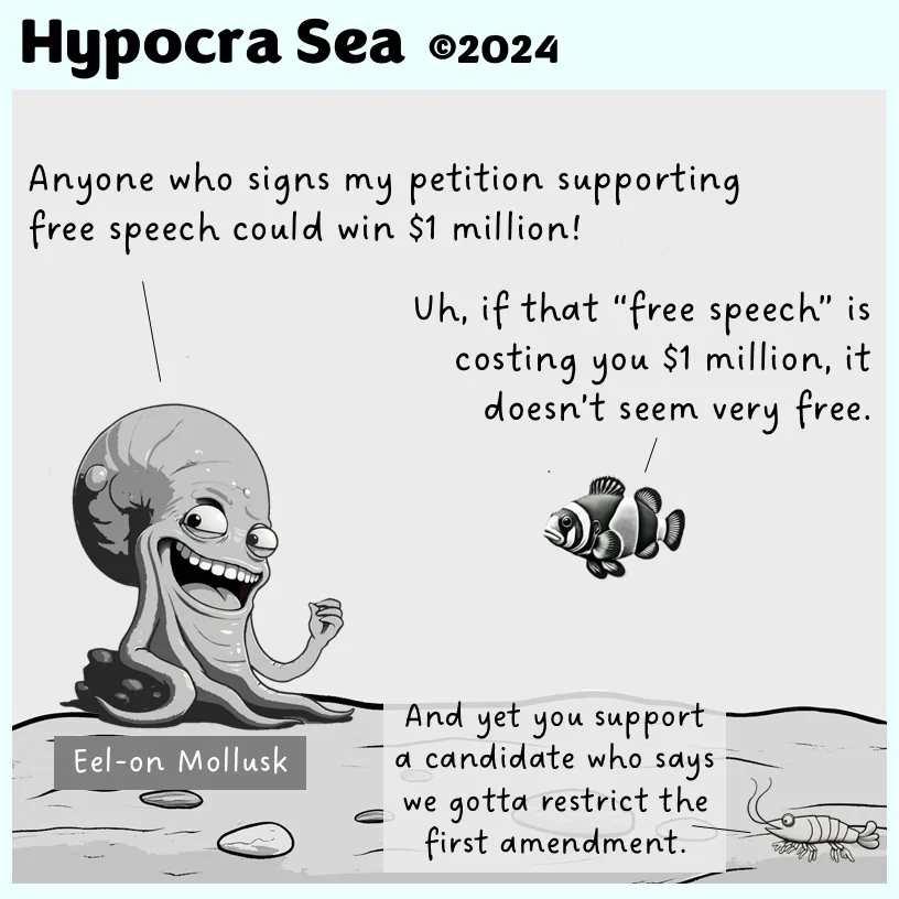 A black-and-white cartoon depicts a large, smiling octopus named 'Eel-on Mollusk' advertising a petition for free speech…