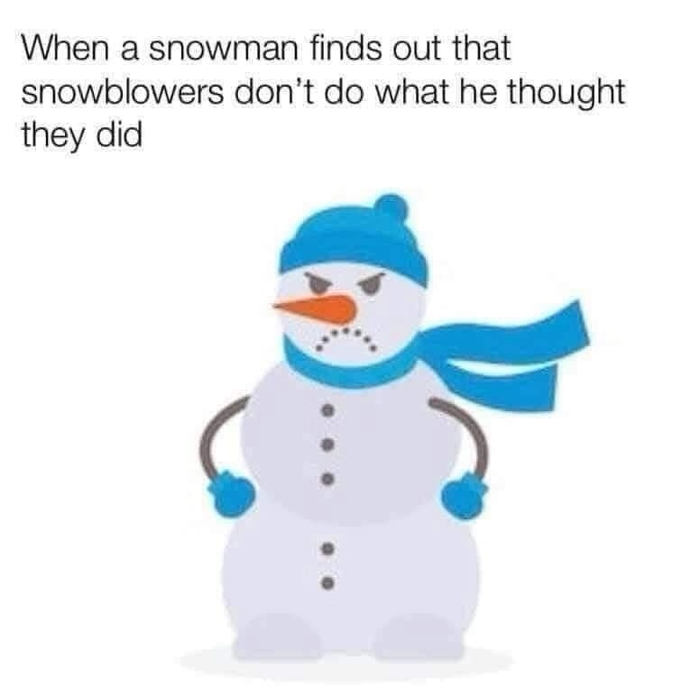A cartoon snowman wearing a blue hat and scarf has an angry expression with narrowed eyes and a downturned mouth. He stands…