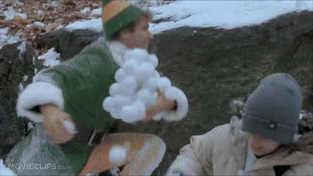 A six-panel image sequence from the movie 'Elf' shows Buddy the Elf (Will Ferrell) in a snowy park, initially throwing…