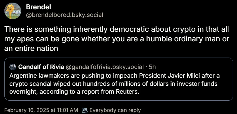 A screenshot of a social media thread shows a user named Brendel posting a comment about crypto being democratic because…