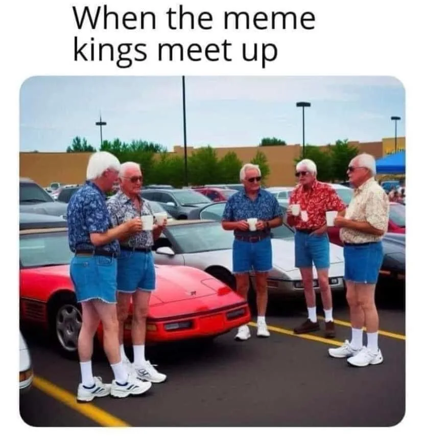 Five elderly men with white hair, wearing matching blue denim shorts, patterned shirts, and white sneakers, stand in a…