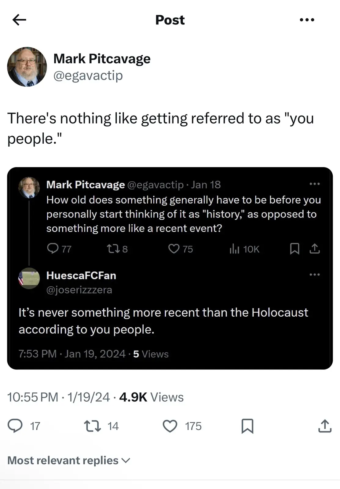 A screenshot of a Twitter post by Mark Pitcavage showing his tweet asking how old something must be to be considered…