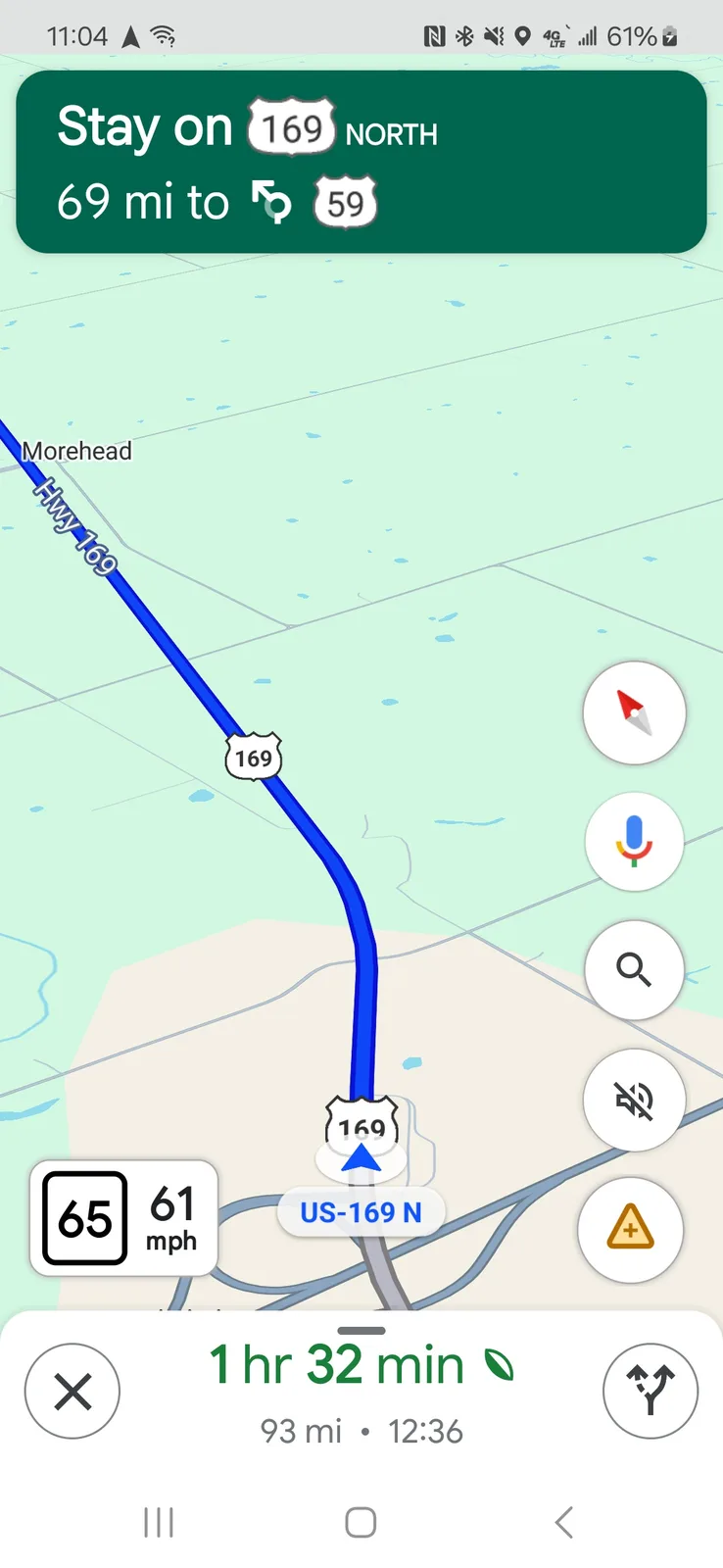 A smartphone navigation screen shows a route on US-169 North, with a green banner instructing to 'Stay on 169 NORTH 69 mi to…