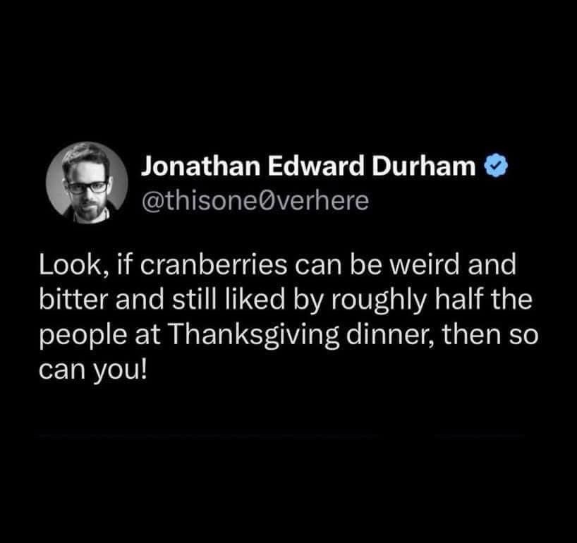 A screenshot of a tweet by Jonathan Edward Durham (@thisone0verhere) with a black background and white text. The tweet…