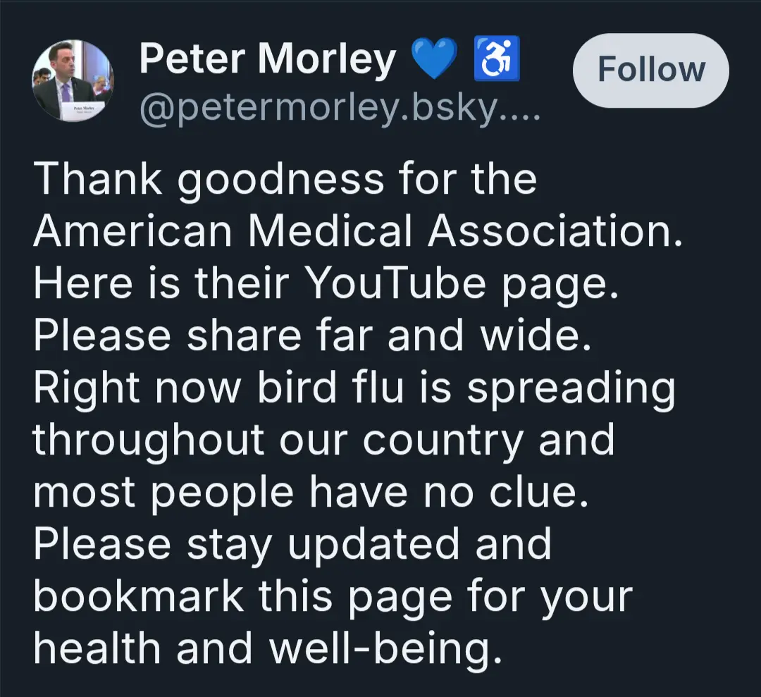 A screenshot of a social media post by Peter Morley, who thanks the American Medical Association and urges people to share a…
