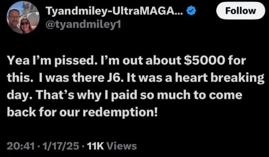 A screenshot of a Twitter post by user Tyandmiley-UltraMAGA... showing a man and woman in a selfie. The overlaid text reads…