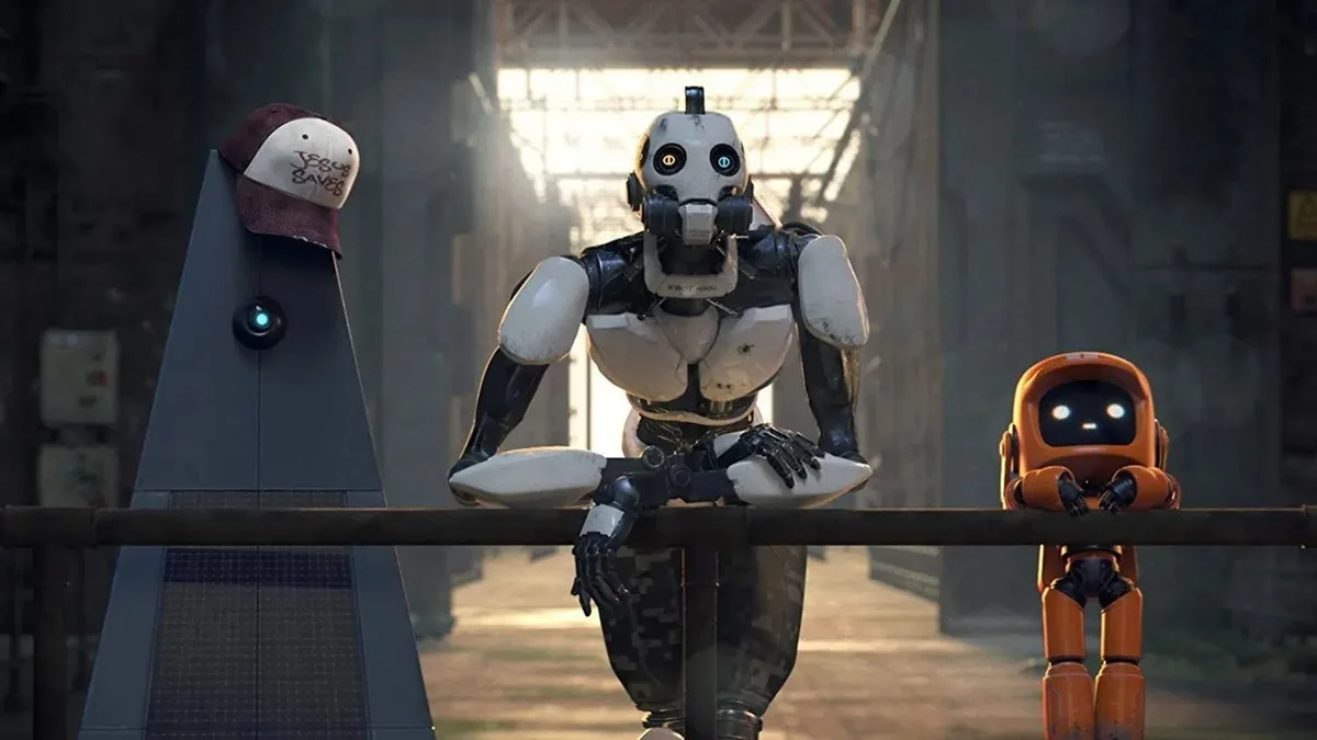 Three robots sit on a railing in a dusty industrial setting; the central robot wears a gas mask and has one eye glowing…