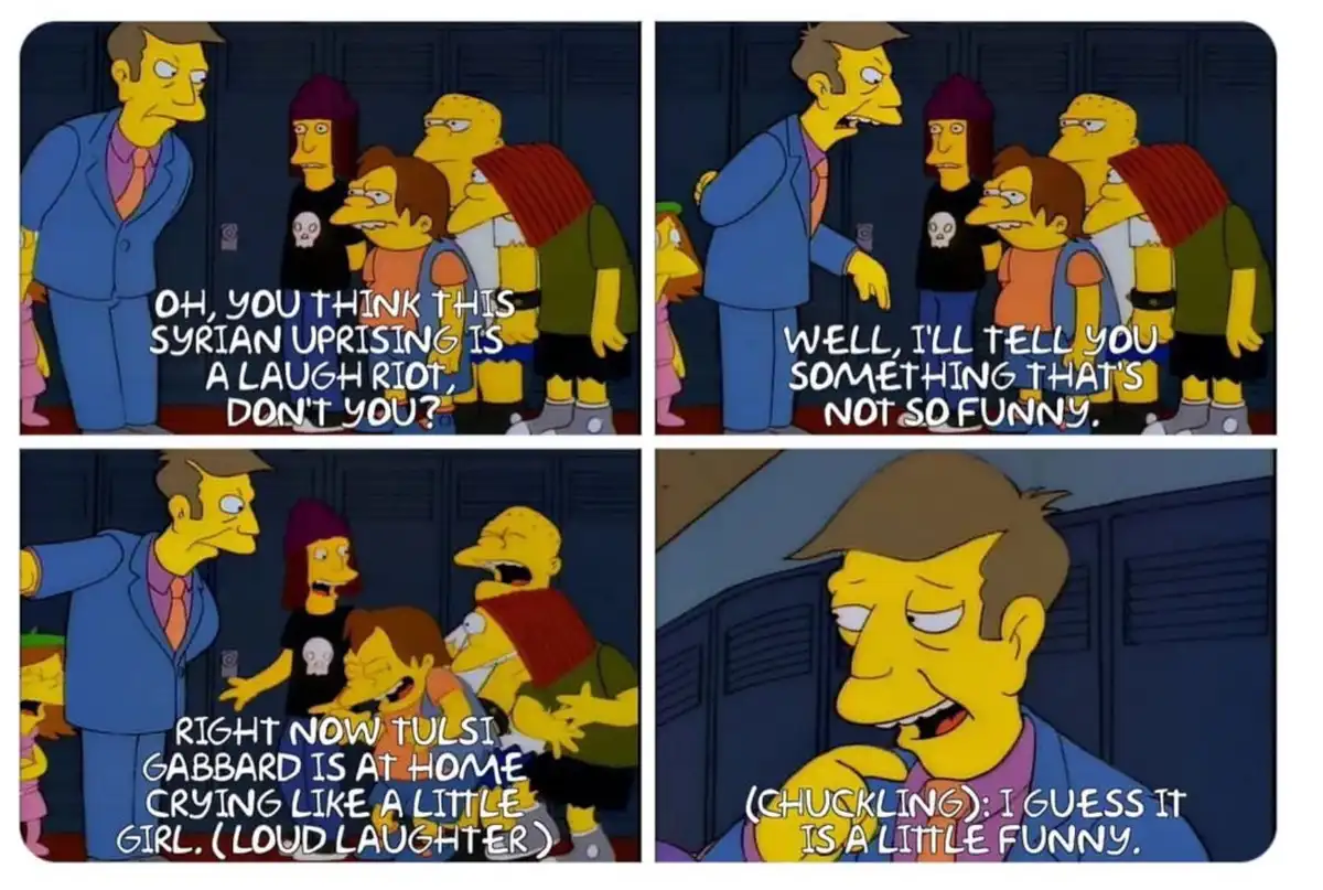 A four-panel Simpsons meme shows Mr. Burns in a school hallway confronting students. He sarcastically asks if they think the…