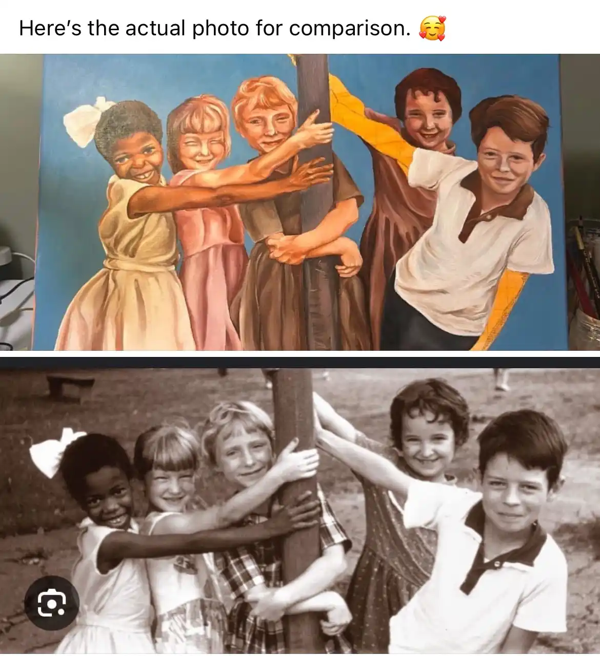 The image displays two photos of the same five children hugging a pole: the top is a colorful painting, the bottom is a…