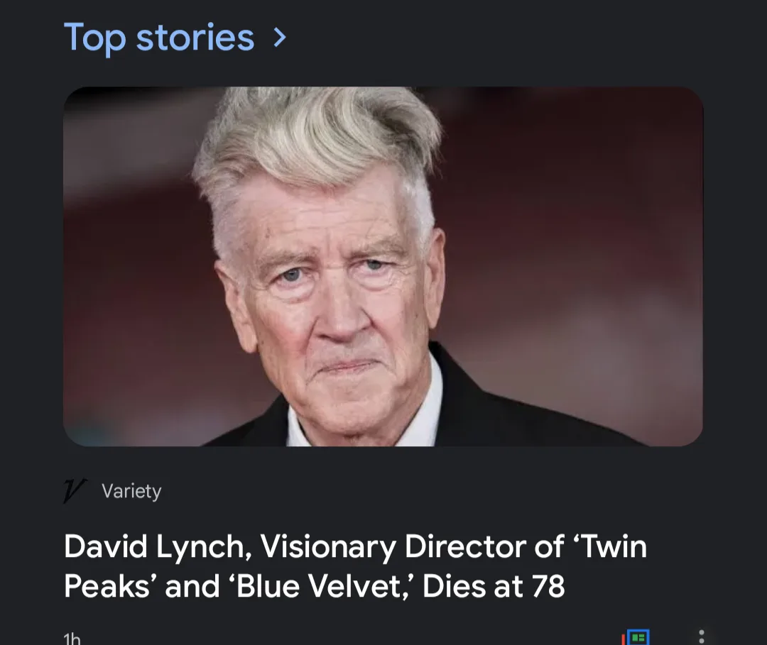A screenshot of a news article from Variety shows a close-up photo of David Lynch with a serious expression, wearing a dark…
