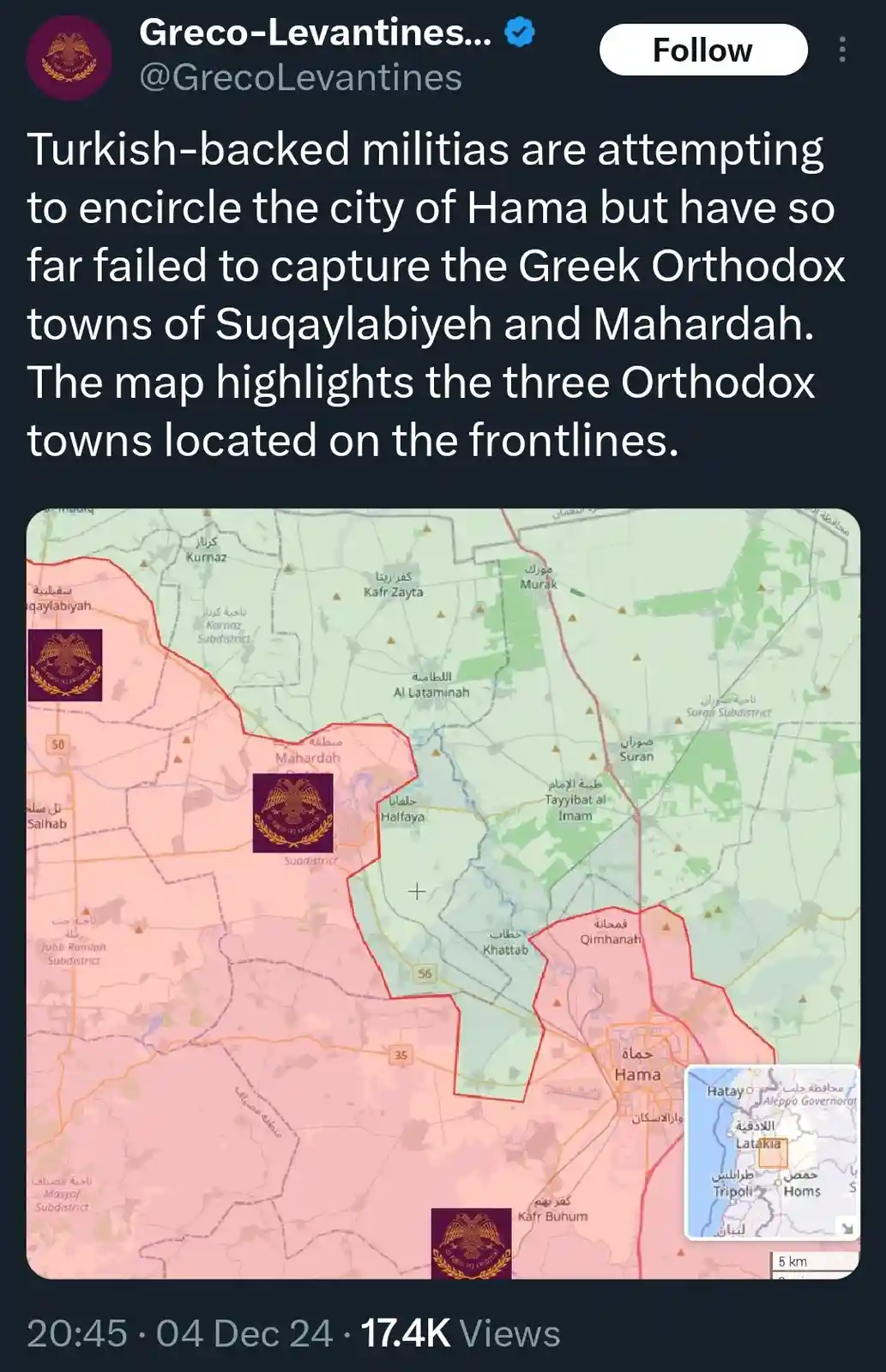 A map of the Hama region in Syria shows red-outlined areas around the city, with three specific towns—Suqaylabiyeh…