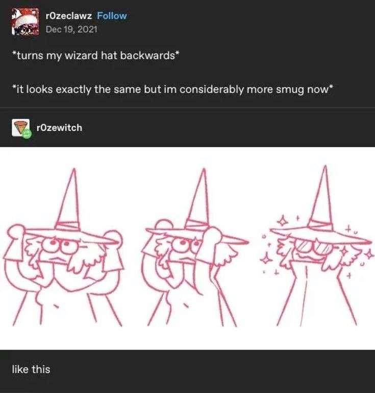 A three-panel comic strip in pink line art shows a wizard with a pointed hat. In the first panel, the wizard wears the hat…