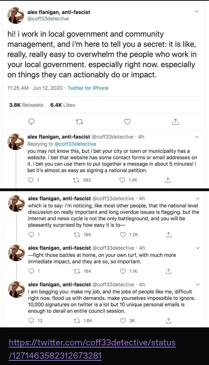 This image displays a series of four tweets from Twitter user @coff33detective, Alex Flanigan, who works in local…