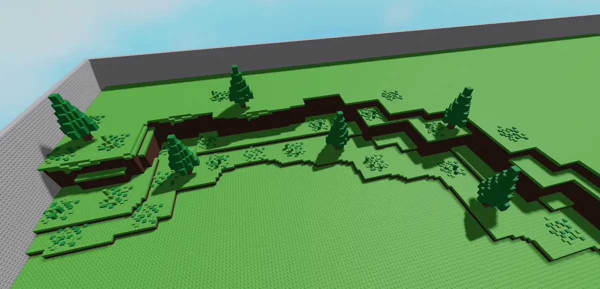 a pixelated, blocky landscape resembling a lego diorama with green grass, dark brown riverbeds, and green trees, all…