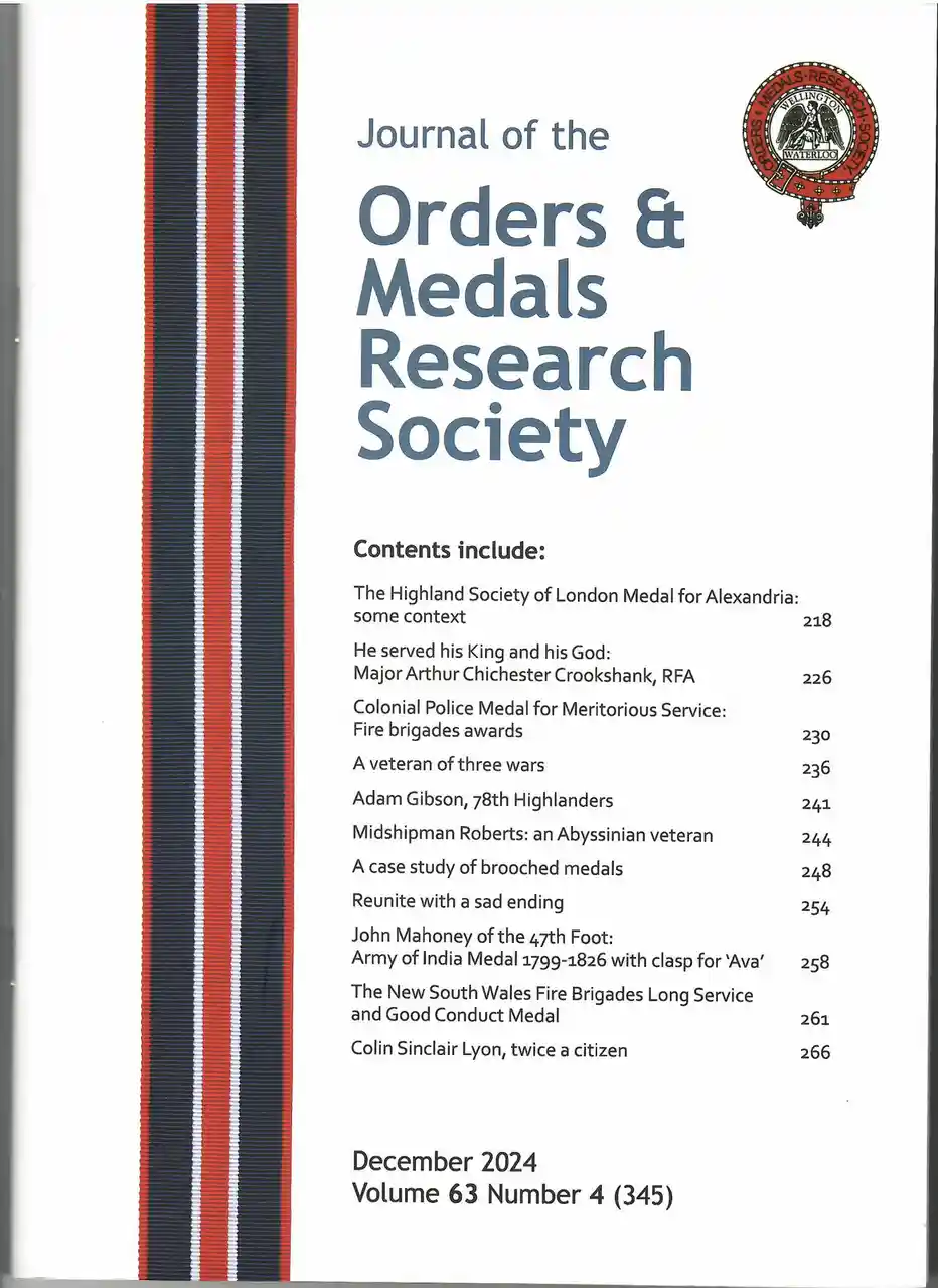 The image shows the cover of the 'Journal of the Orders & Medals Research Society,' featuring a red, white, and dark blue…