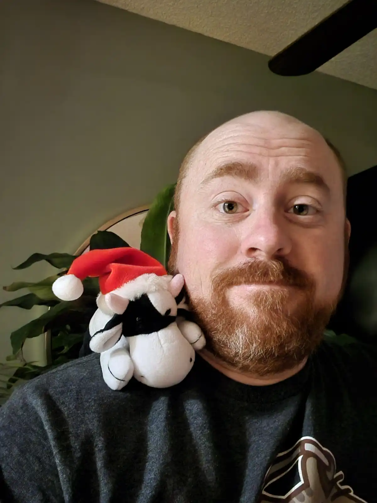 A bald man with a reddish beard and mustache looks directly at the camera with a neutral expression while holding a small…