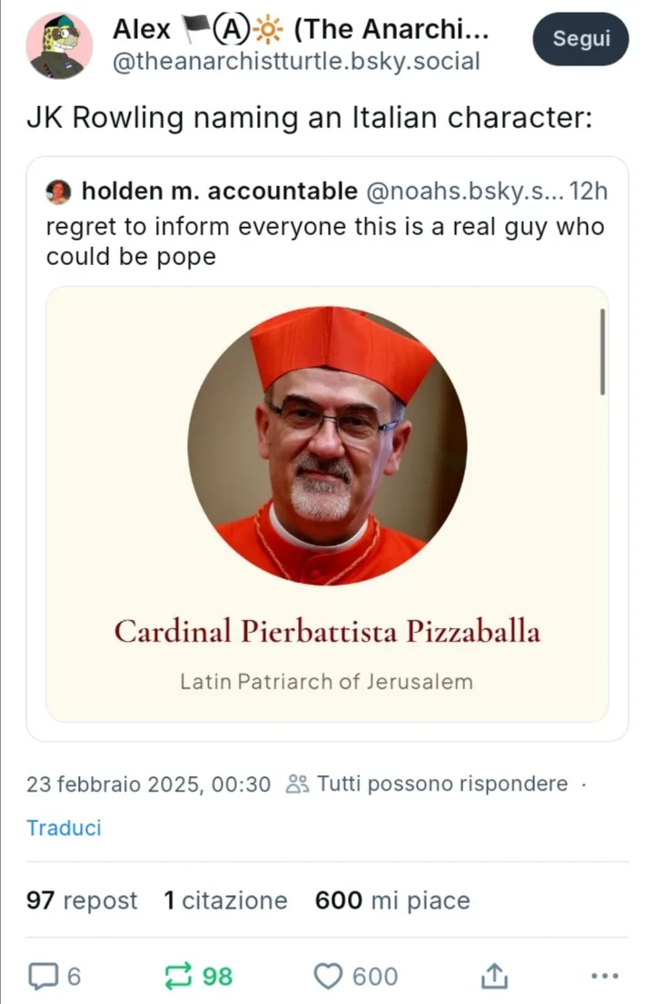 A screenshot of a social media post showing a photo of Cardinal Pierbattista Pizzaballa, identified as the Latin Patriarch…