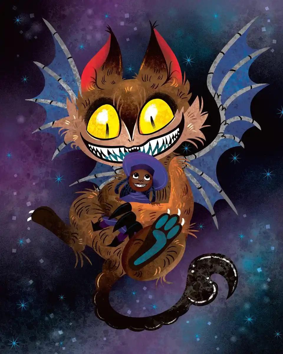 A cartoon illustration shows a large, brown, monstrous creature with bat-like wings, glowing yellow eyes, and sharp teeth…