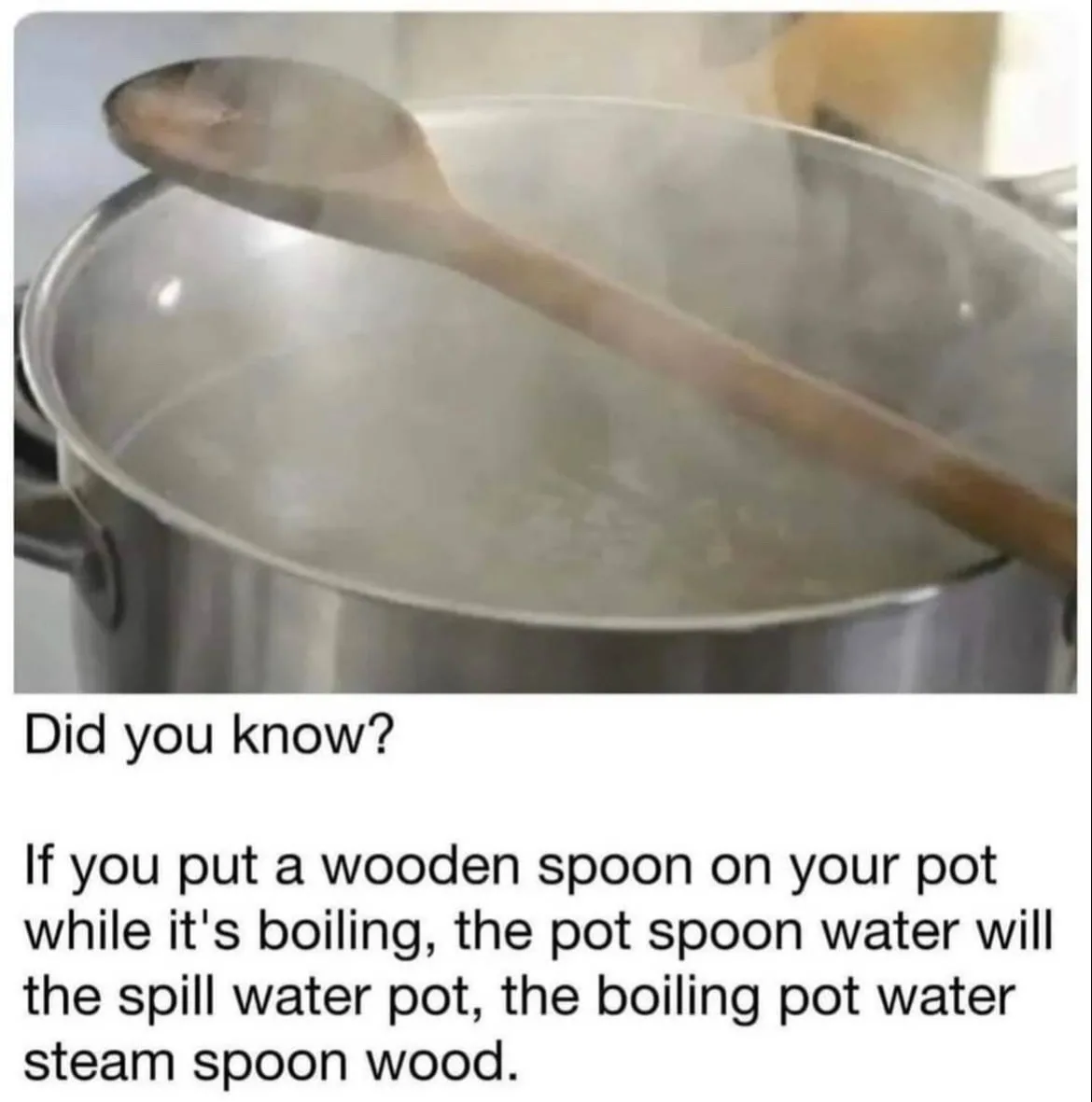 A close-up photo shows a wooden spoon resting across the rim of a metal pot filled with vigorously boiling water, emitting…