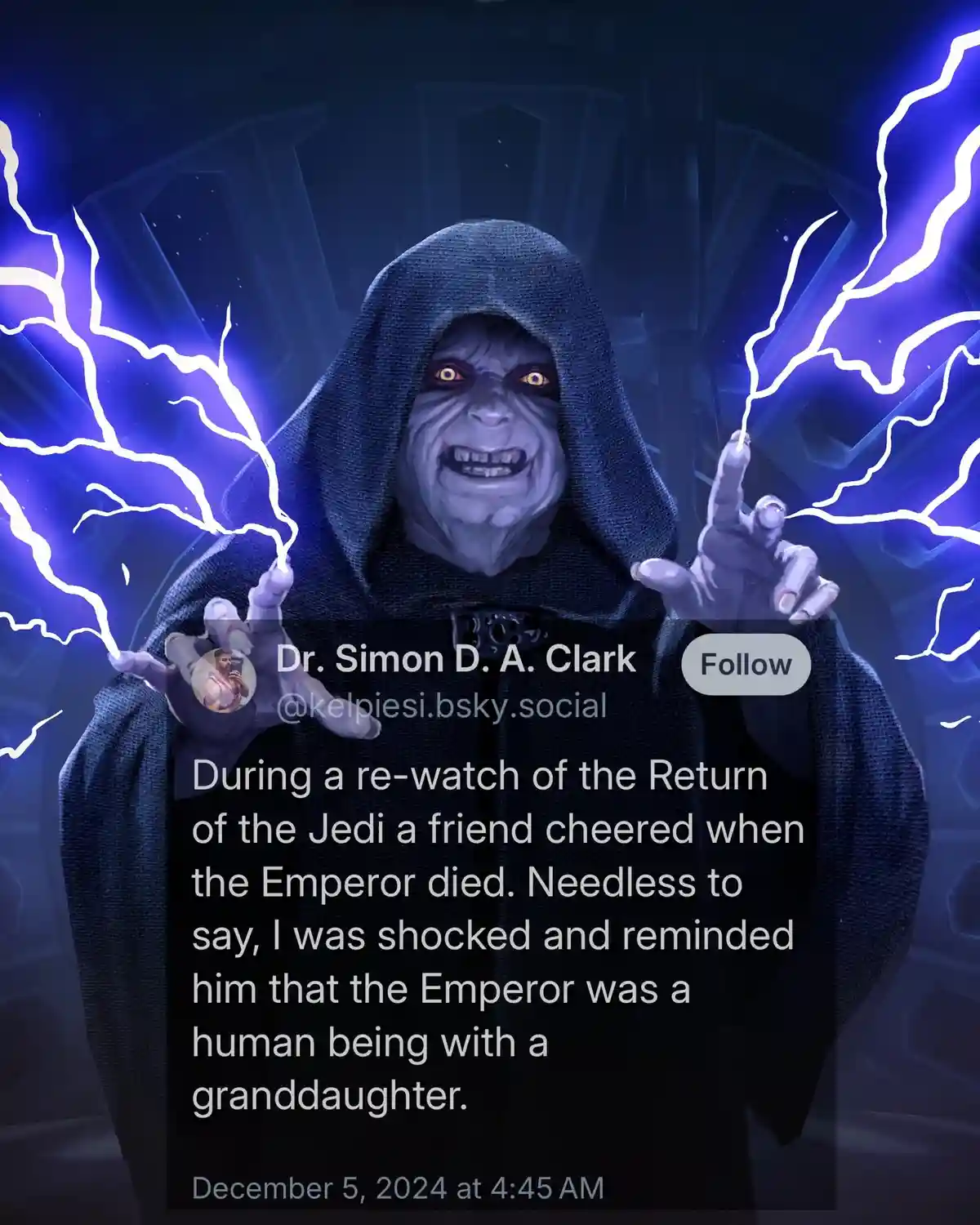 The image shows a digitally altered social media post overlaying a menacing, hooded figure resembling Emperor Palpatine from…