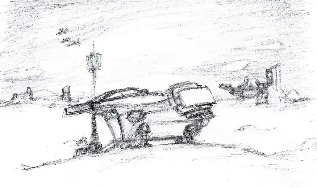 A rough pencil sketch depicts a car flipped onto its side in a barren, desert-like landscape with distant ruins and a tall…
