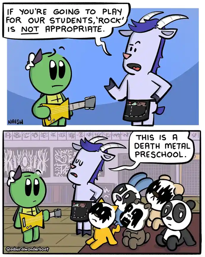 A two-panel comic shows a green, horned character holding a yellow guitar. In the first panel, a white goat with purple hair…