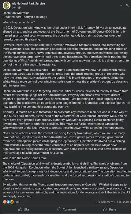 A screenshot of a social media post from 'Alt National Park Service' detailing a fictional 'Operation Whirlwind' launched by…