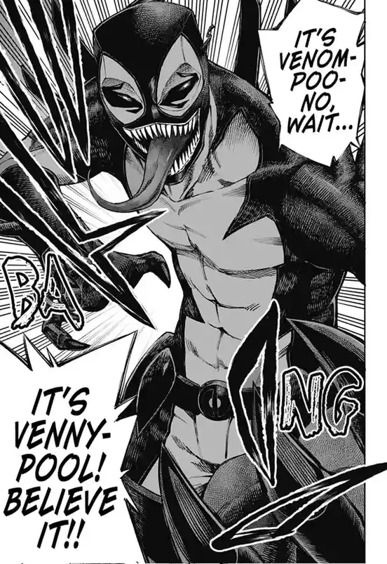 A black-and-white comic panel shows the character Venom with a wide, toothy grin and tongue out, mid-action with motion…