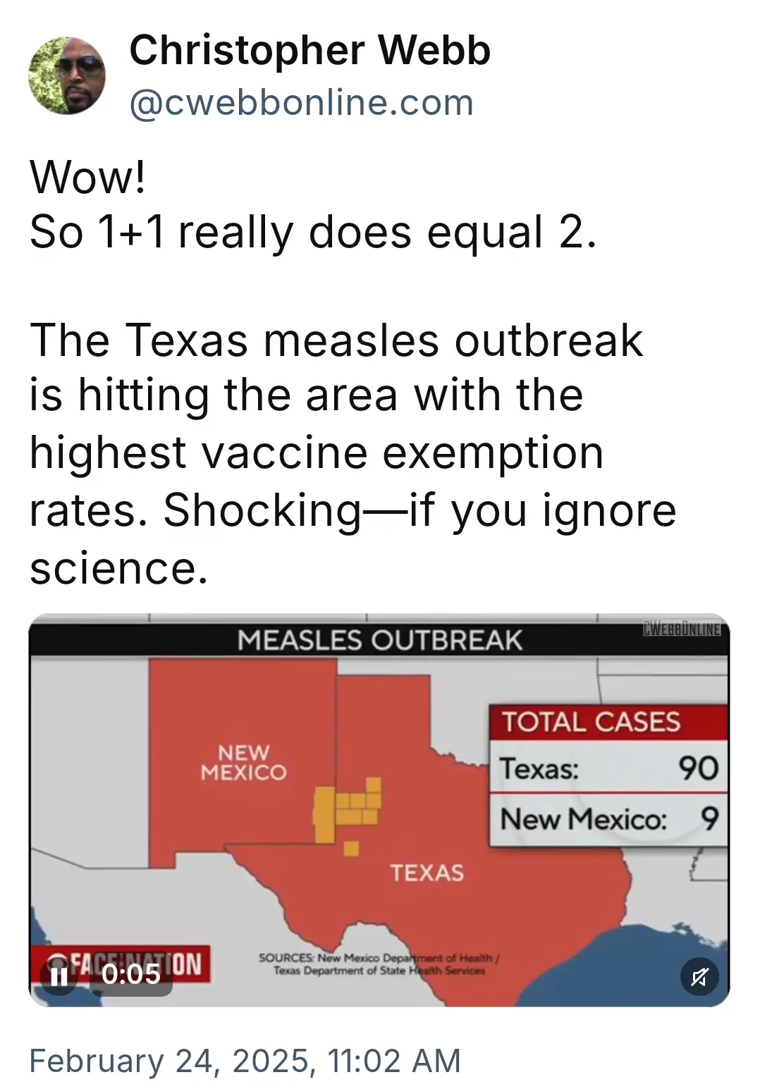 A screenshot of a tweet by Christopher Webb showing a map titled 'MEASLES OUTBREAK' with Texas and New Mexico highlighted…
