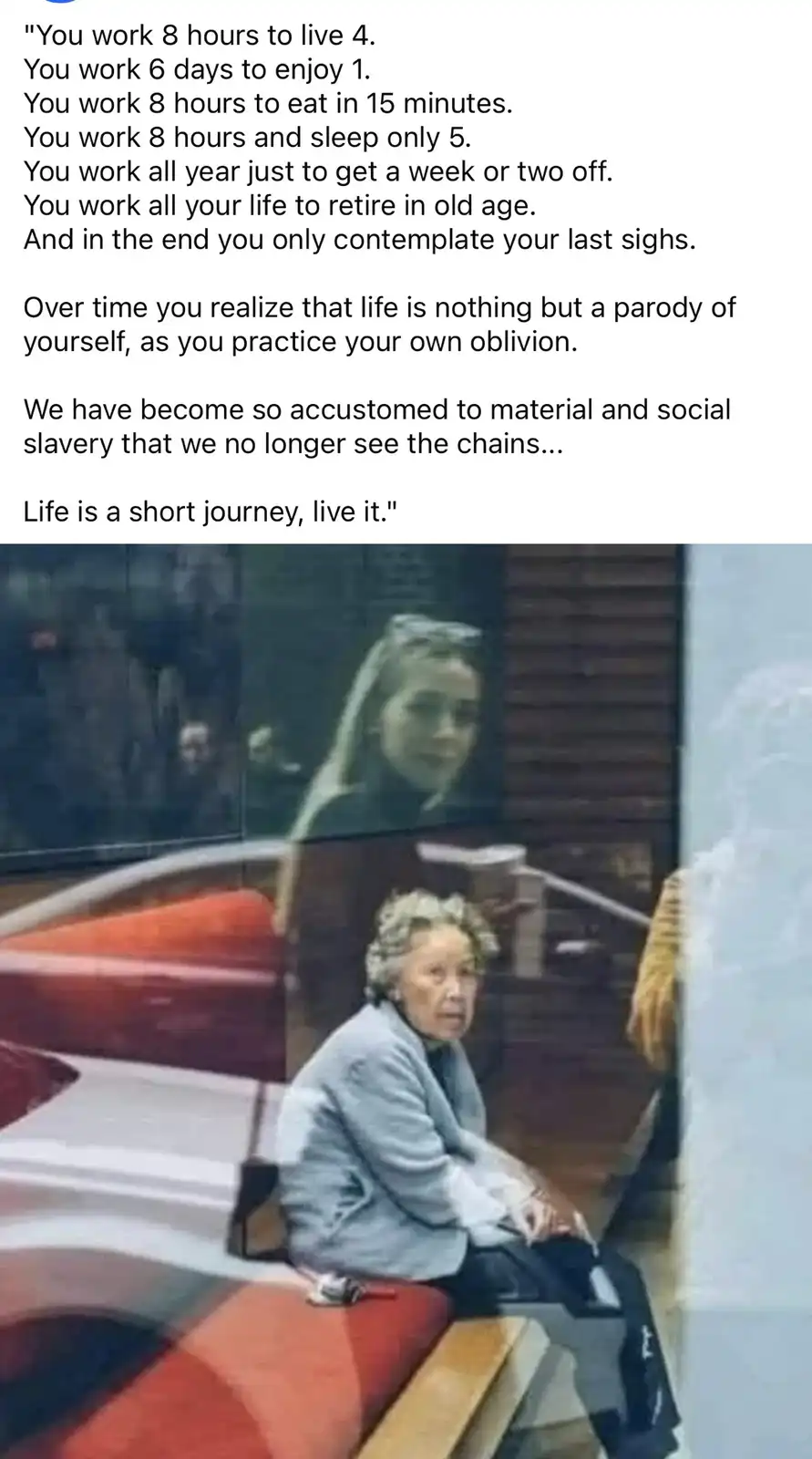 An elderly woman sits on a red bench, looking weary and contemplative, with a blurred reflection of a younger woman visible…