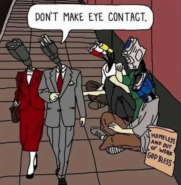 Two people in business attire walk down stairs with camera heads for faces, one says 'DON'T MAKE EYE CONTACT.' Below them, a…
