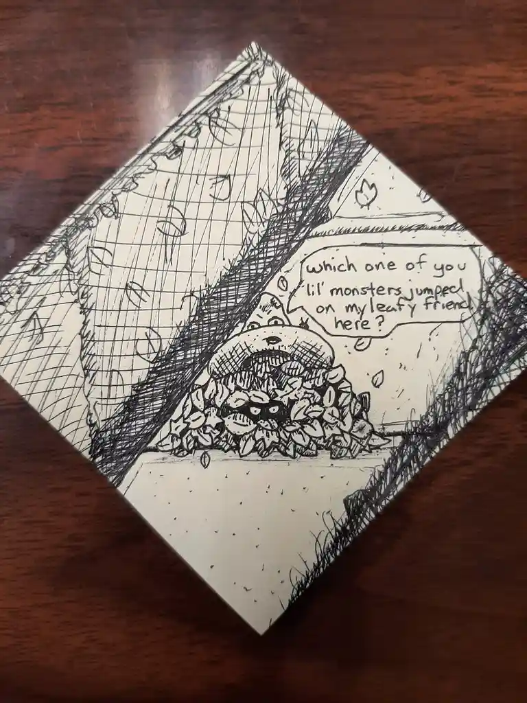 A hand-drawn black-and-white comic on a diamond-shaped piece of paper shows a cartoonish, angry-looking mushroom with a wide…