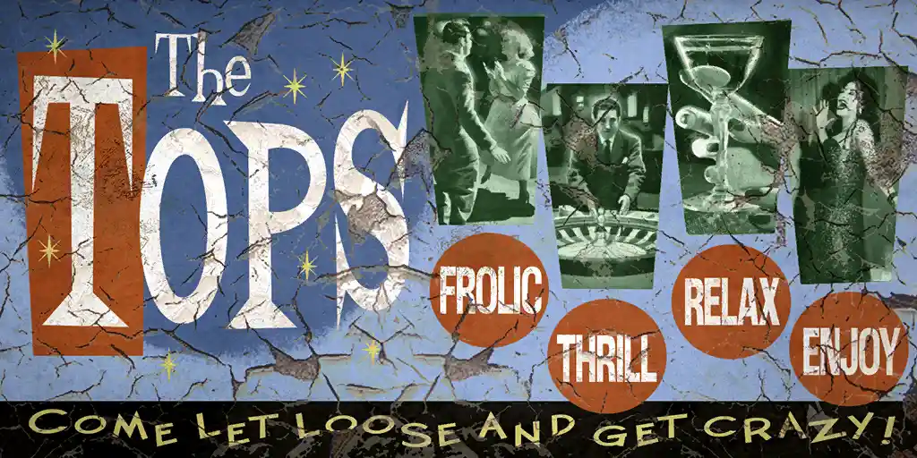 A vintage-style advertisement poster for 'The TOPS' with a cracked blue background and yellow stars. It features four…