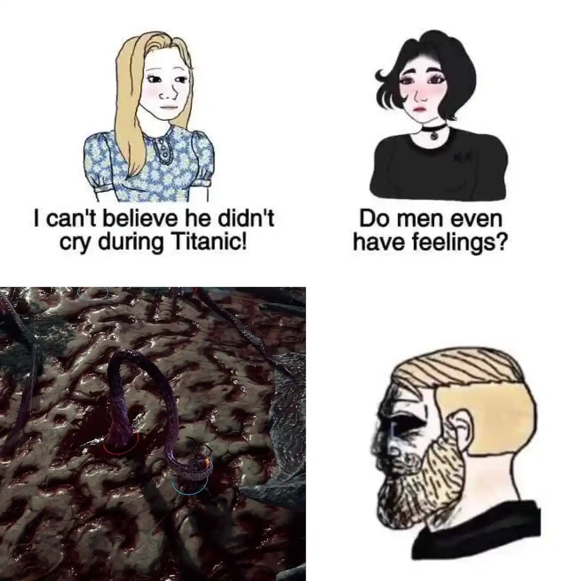 The meme features four panels: top left shows a blonde woman saying 'I can't believe he didn't cry during Titanic!'; top…