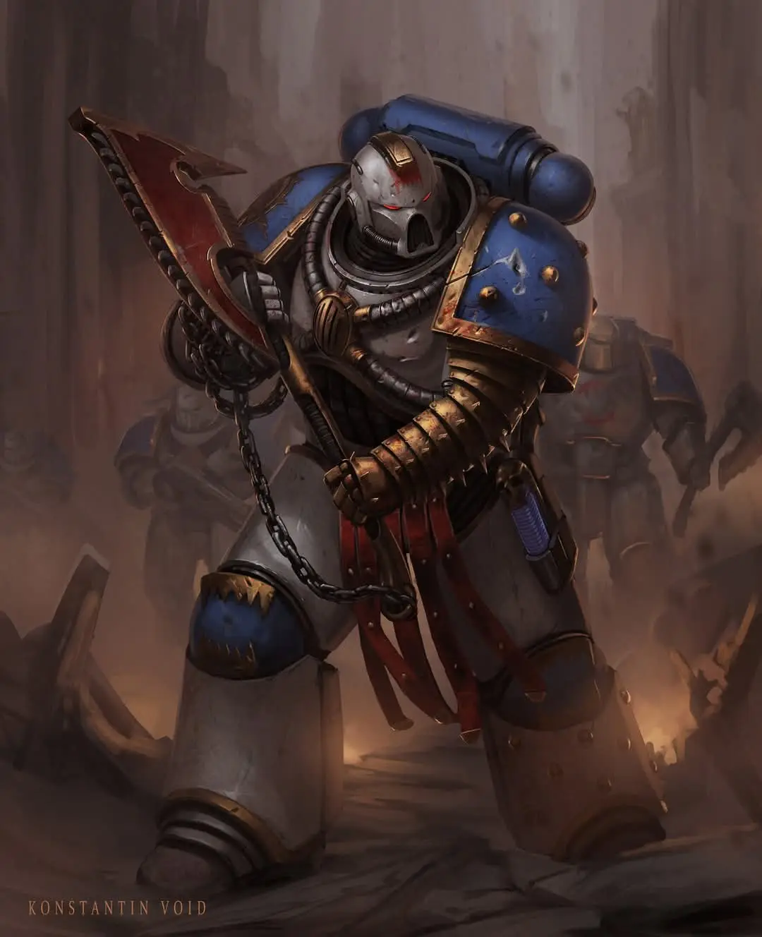 A heavily armored, battle-worn space marine in blue and gold power armor stands in a dusty, ruined environment, holding a…