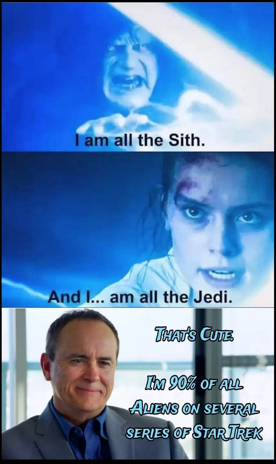 The meme is a three-panel image. The top panel shows a distressed, blue-tinted character from Star Wars saying 'I am all the…
