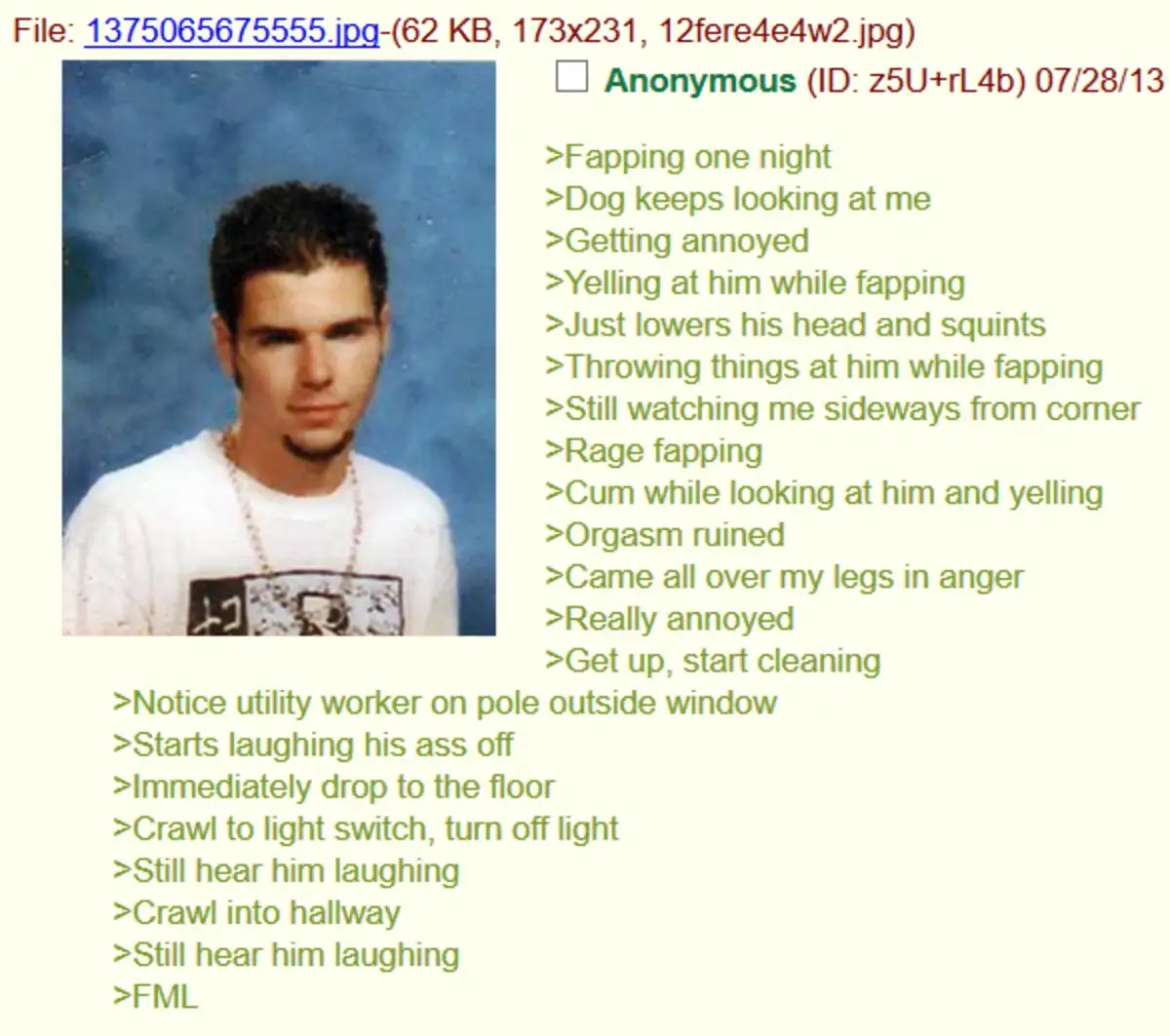 A photo of a young man in a white t-shirt against a blue background is paired with a text list detailing a fictional story…