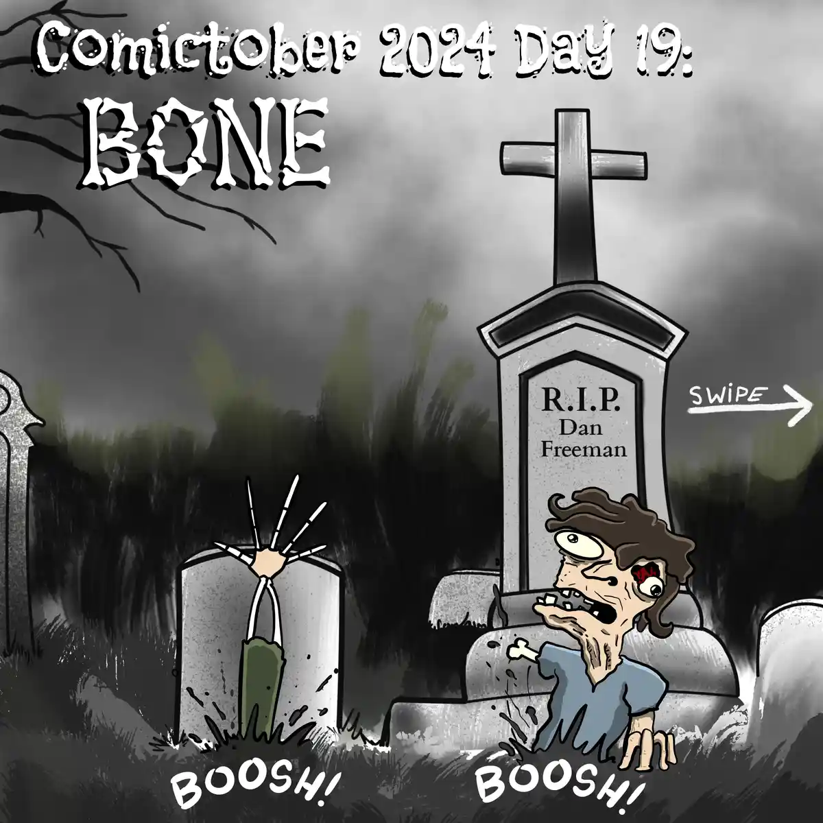 A spooky graveyard scene features a cartoon zombie with a bloody eye and ragged clothes emerging from a tombstone, while a…
