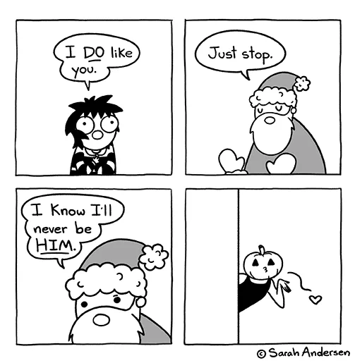 A four-panel comic strip by Sarah Andersen shows a character confessing romantic feelings to Santa Claus, who dismisses…