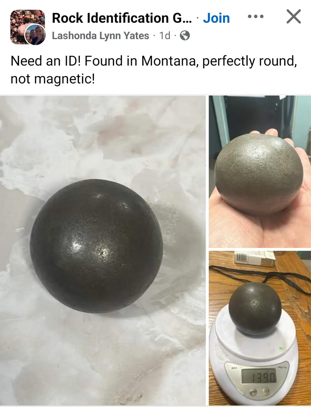 A collage of three photos shows a perfectly spherical, dark gray rock. One photo shows it resting on a white surface…