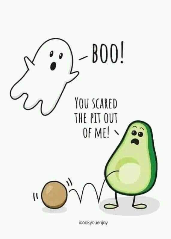 A cartoon ghost says 'BOO!' while hovering above a cartoon avocado that has a scared expression and is holding its pit…