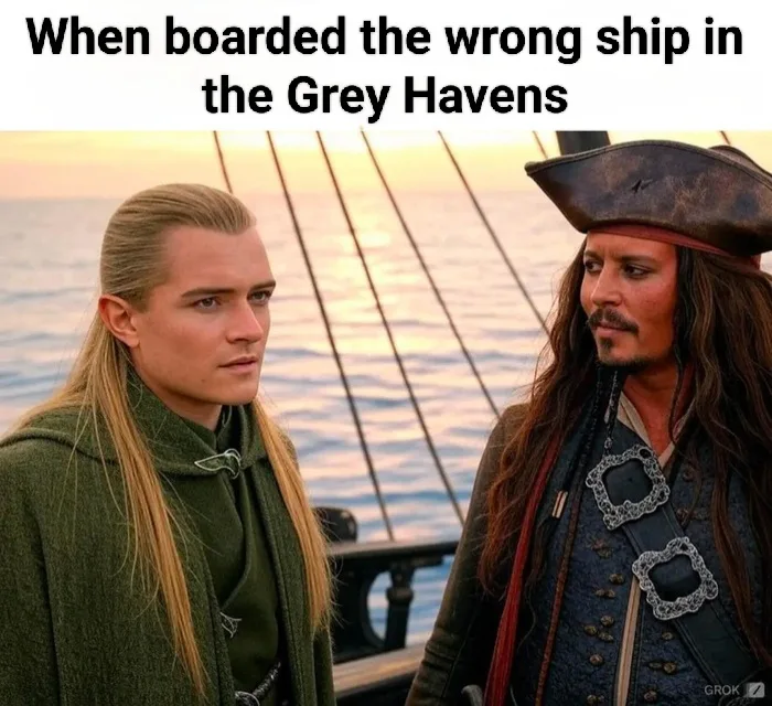 Two men stand on a ship at sunset; one is a long-haired elf in green robes, the other is a pirate with a tricorn hat and…