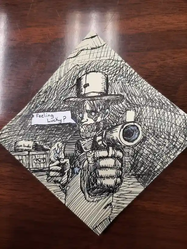 A hand-drawn, black-and-white sketch on a diamond-shaped card depicts a cartoonish, wide-eyed character wearing a top hat…