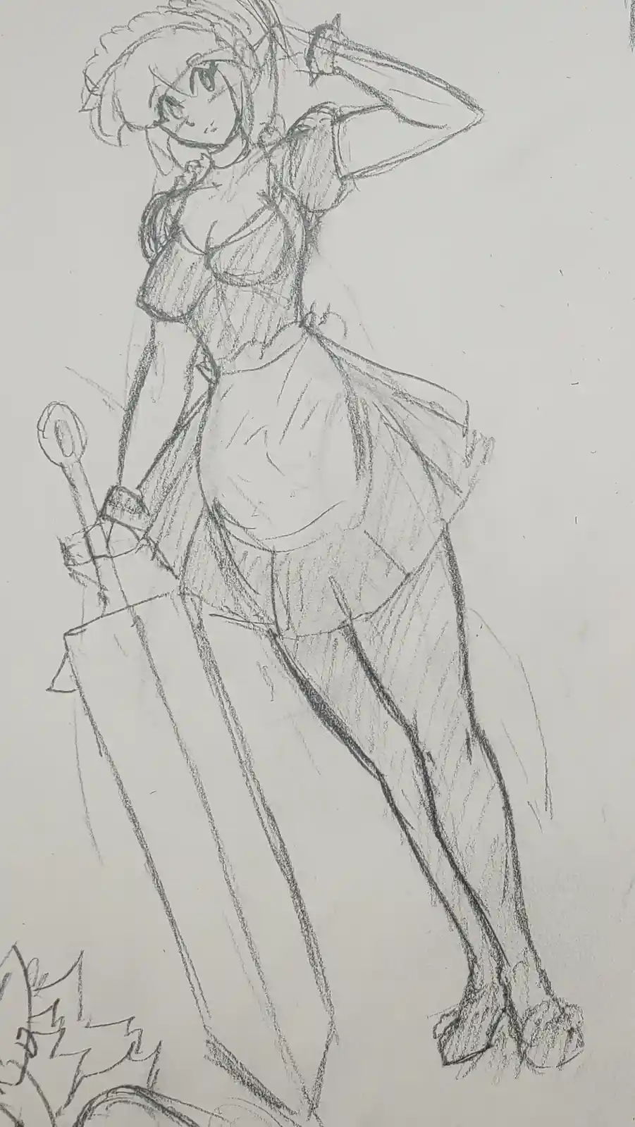 A pencil sketch of an anime-style female character in a dynamic pose, holding a sword and looking down with a confident…