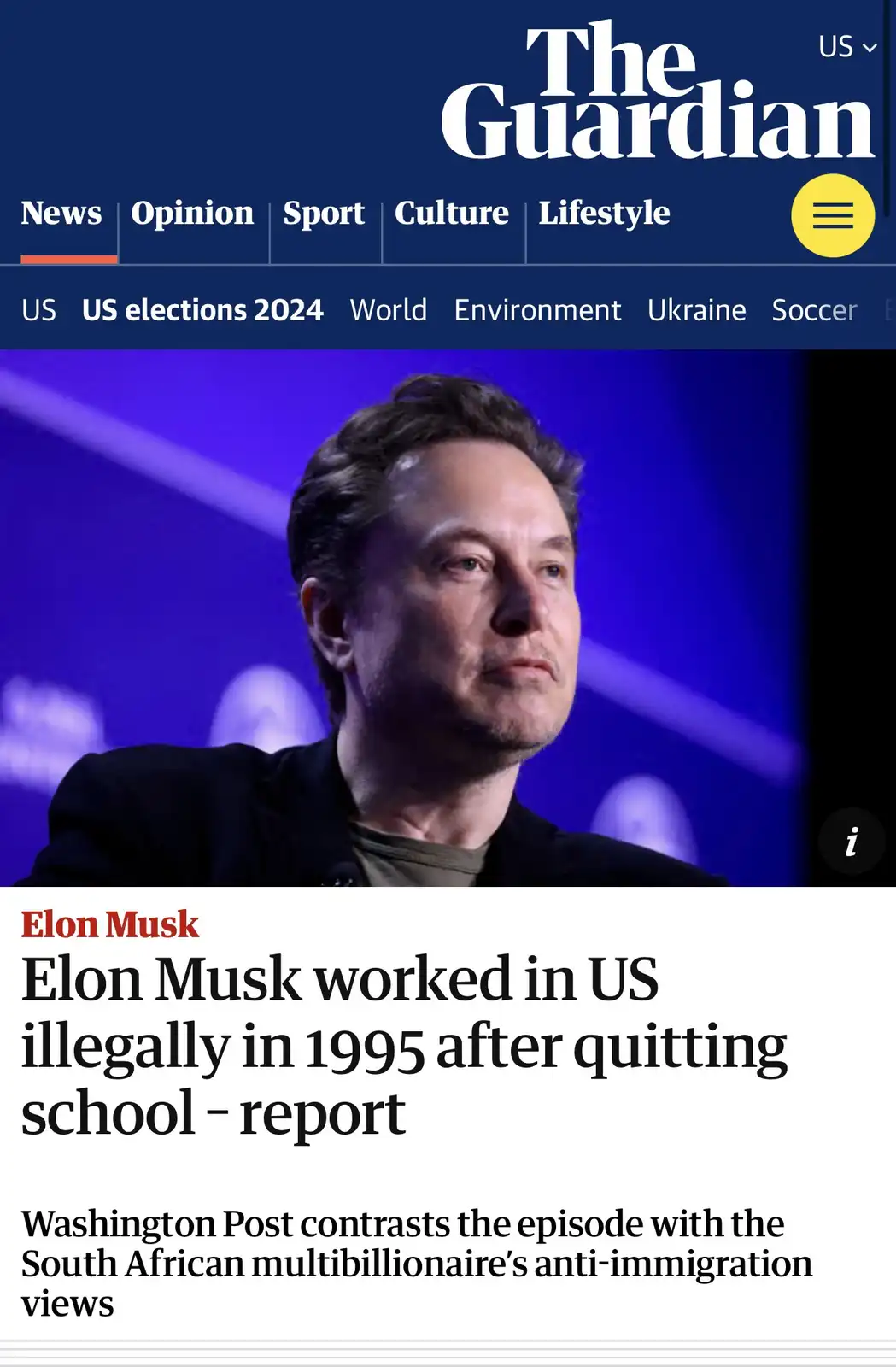 A screenshot of The Guardian's news article featuring a photo of Elon Musk with the headline 'Elon Musk worked in US…