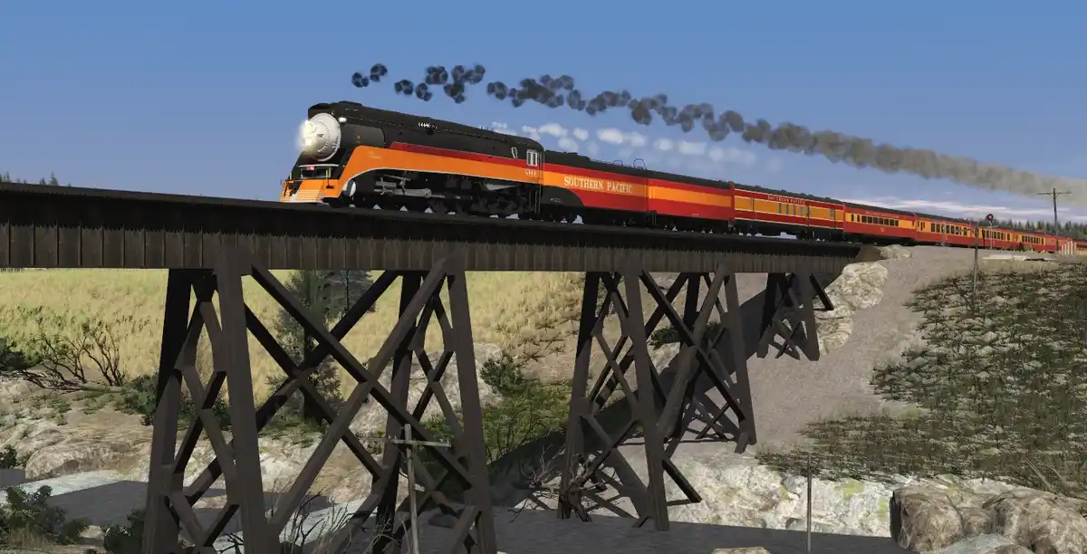 A steam locomotive with 'SOUTHERN PACIFIC' written on its side is crossing a wooden trestle bridge in a rural landscape. The…