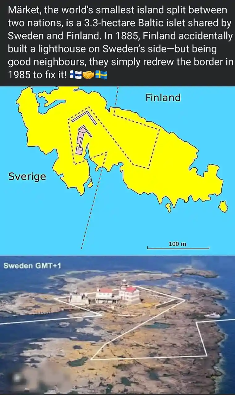 The image shows a map of a small island labeled 'Märket' split between Sweden ('Sverige') and Finland, with a lighthouse…