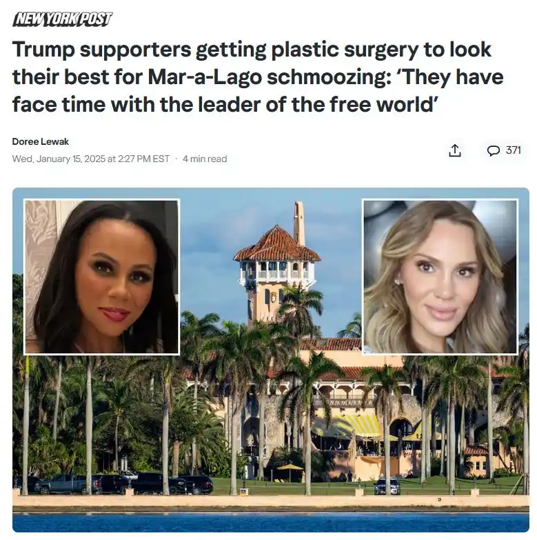 A New York Post article screenshot shows a headline about Trump supporters getting plastic surgery for Mar-a-Lago events…